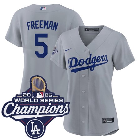 Women's Los Angeles Dodgers #5 Freddie Freeman Gray 2025 World Series Champions Home Replica Jersey