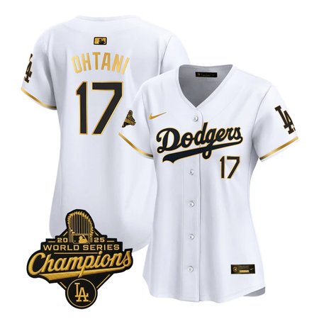 Women's Los Angeles Dodgers #17 Shohei Ohtani White Golden 2025 World Series Champions Home Limited Jersey