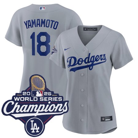 Women's Los Angeles Dodgers #18 Yoshinobu Yamamoto Gray 2025 World Series Champions Home Replica Jersey