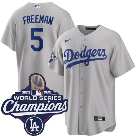 Men's Los Angeles Dodgers #5 Freddie Freeman Gray 2025 World Series Champions Home Replica Jersey