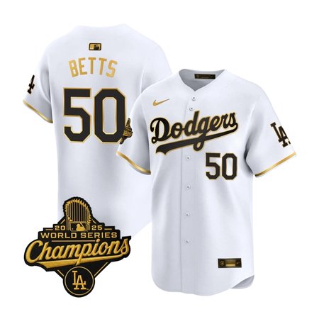 Youth Los Angeles Dodgers #50 Mookie Betts White Golden 2025 World Series Champions Home Limited Jersey