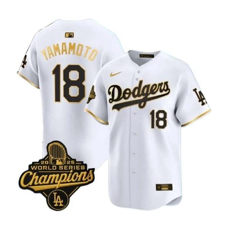 Men's Los Angeles Dodgers #18 Yoshinobu Yamamoto White Golden 2025 World Series Champions Home Limited Jersey