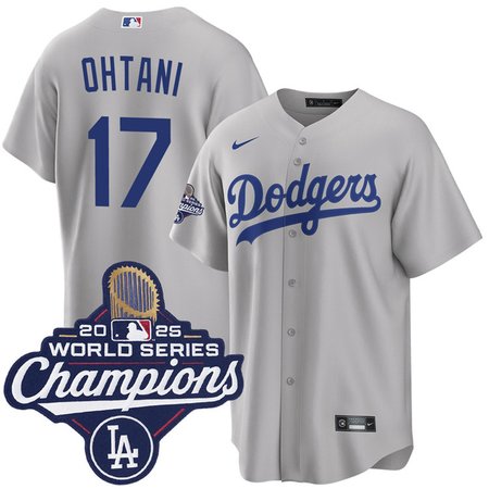 Men's Los Angeles Dodgers #17 Shohei Ohtani Gray 2025 World Series Champions Home Replica Jersey