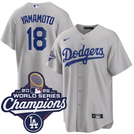 Men's Los Angeles Dodgers #18 Yoshinobu Yamamoto Gray 2025 World Series Champions Home Replica Jersey