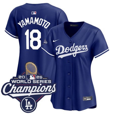 Women's Los Angeles Dodgers #18 Yoshinobu Yamamoto Royal 2025 World Series Champions Home Replica Jersey