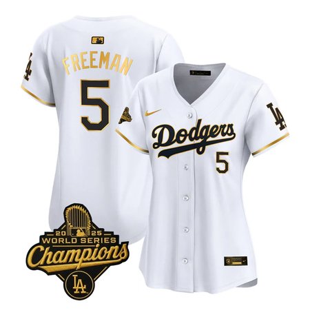 Women's Los Angeles Dodgers #5 Freddie Freeman White Golden 2025 World Series Champions Home Limited Jersey
