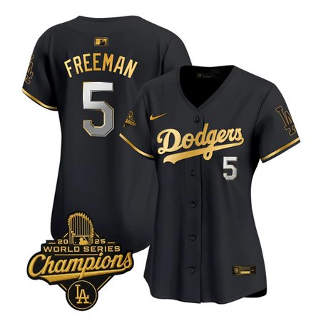 Women's Los Angeles Dodgers #5 Freddie Freeman Black Golden 2025 World Series Champions Home Limited Jersey