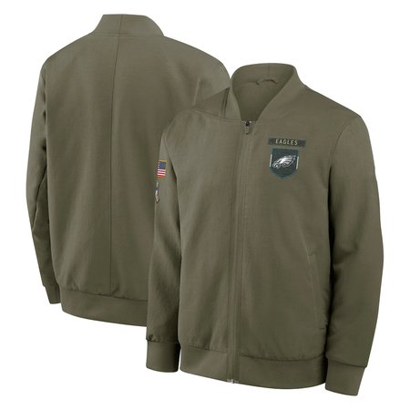 Men's Philadelphia Eagles Nike Olive 2025 Salute to Service Sideline Full-Zip Bomber Jacket Men's Philadelphia Eagles Nike Olive 2025 Salute to Service Sideline Full-Zip Bomber Jacket