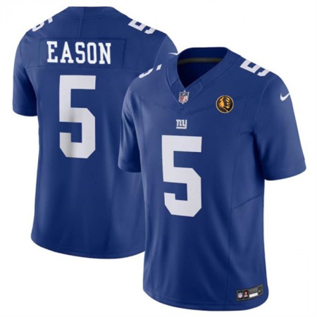 Men's New York Giants #5 Jacob Eason Blue 2023 F.U.S.E. With John Madden Patch Vapor Limited Stitched Football Jersey Men's New York Giants #5 Jacob Eason Blue 2023 F.U.S.E. With John Madden Patch Vapor Limited Stitched Football Jersey